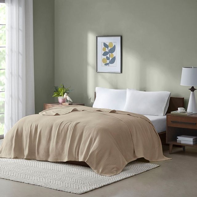 Olliix by Madison Park Freshspun Basketweave Khaki Full/Queen Cotton Blanket-2