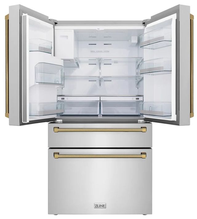 ZLINE Autograph Edition 36" 21.6 Cu. Ft. Stainless Steel Counter-Depth French Door Refrigerator with Water and Ice Maker in Fingerprint-Resistant and Polished Gold Helix Handles-1