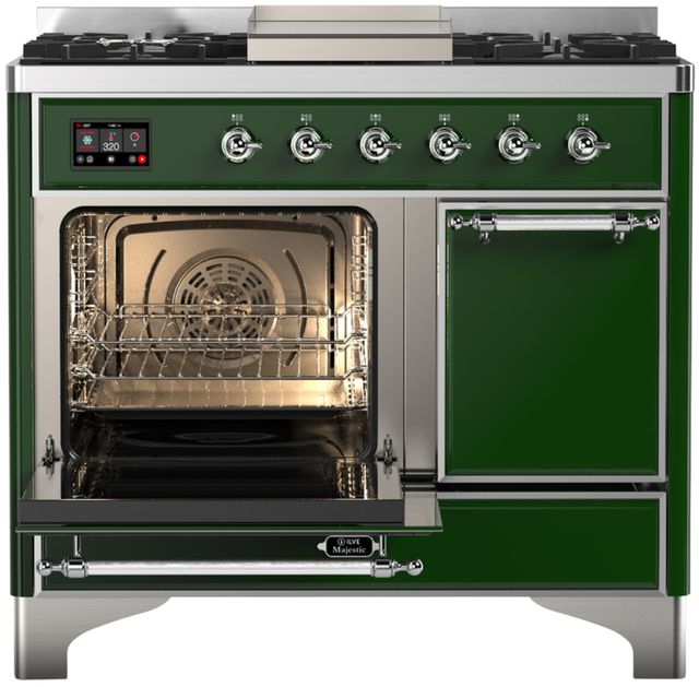 Ilve® Majestic III 40" Emerald Green Pro Style Dual Fuel Natural Gas Range with Solid Door and Chrome Trim-2