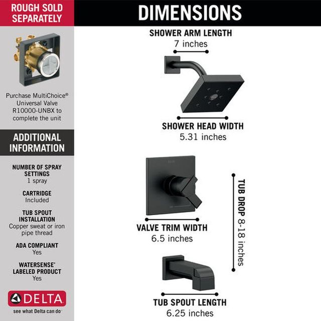 Delta Ara® Monitor® 17 Series H2Okinetic® Matte Black Tub & Shower Trim-3