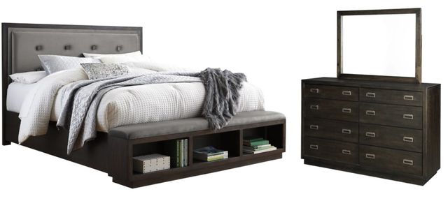 Signature Design by Ashley® Hyndell 3-Piece Dark Brown Queen Upholstered Storage Panel Bed Set-0
