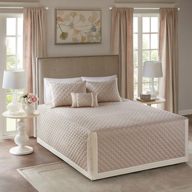 Olliix by Madison Park 4 Piece Khaki Full/Queen Breanna Cotton Reversible Tailored Bedspread Set-0