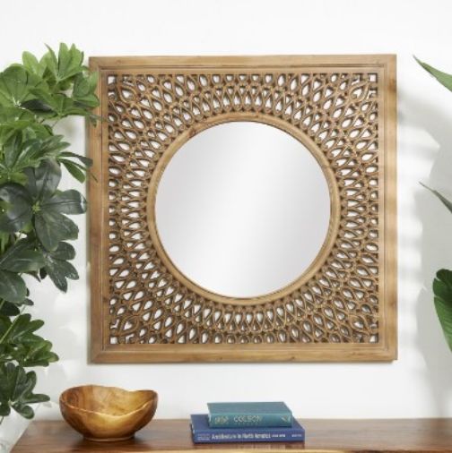 Deco Marche Brown Wood Wall Mirror with Carved Scroll Pattern-4