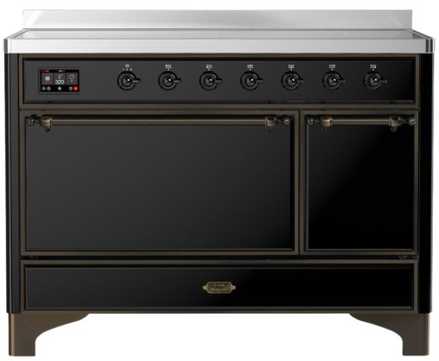 Ilve® Majestic III 48" Glossy Black Pro Style Induction Range with Solid Door and Burnished Trim-0