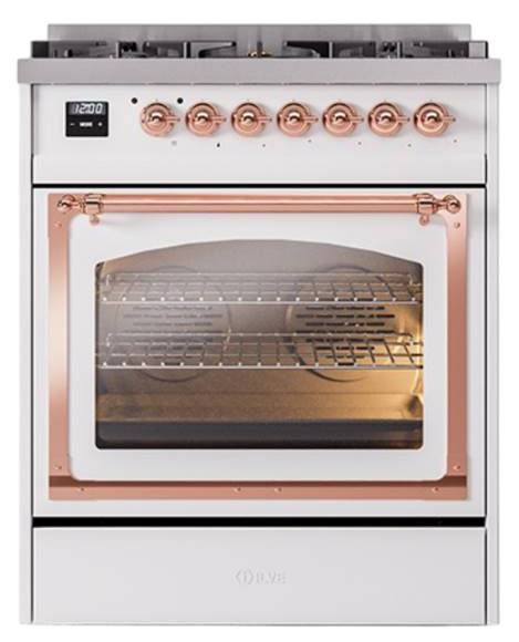 Ilve® Nostalgie II Noblesse 30" White Pro Style Dual Fuel Range with Copper Trim-1