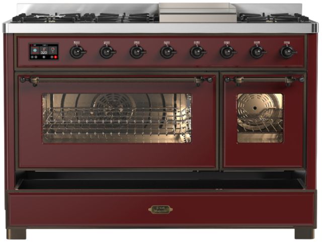 Ilve® Majestic III 48" Burgundy Pro Style Dual Fuel Natural Gas Range with Triple Glass Door and Burnished Trim-1