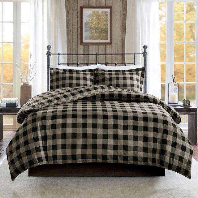 Olliix by Woolrich Black and Tan King/California King Flannel Check Print Cotton Duvet Cover Set-1