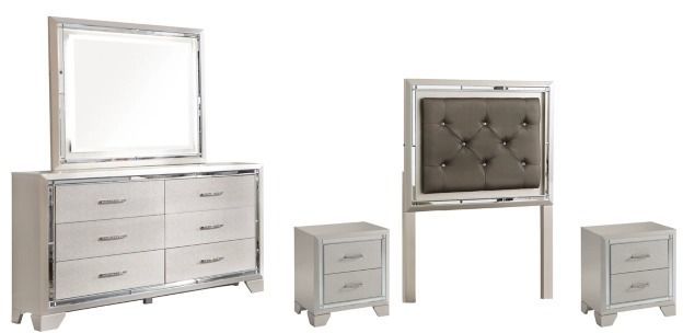 Signature Design by Ashley® Lonnix 5-Piece Silver Twin Upholstered Panel Headboard Bed Set-0