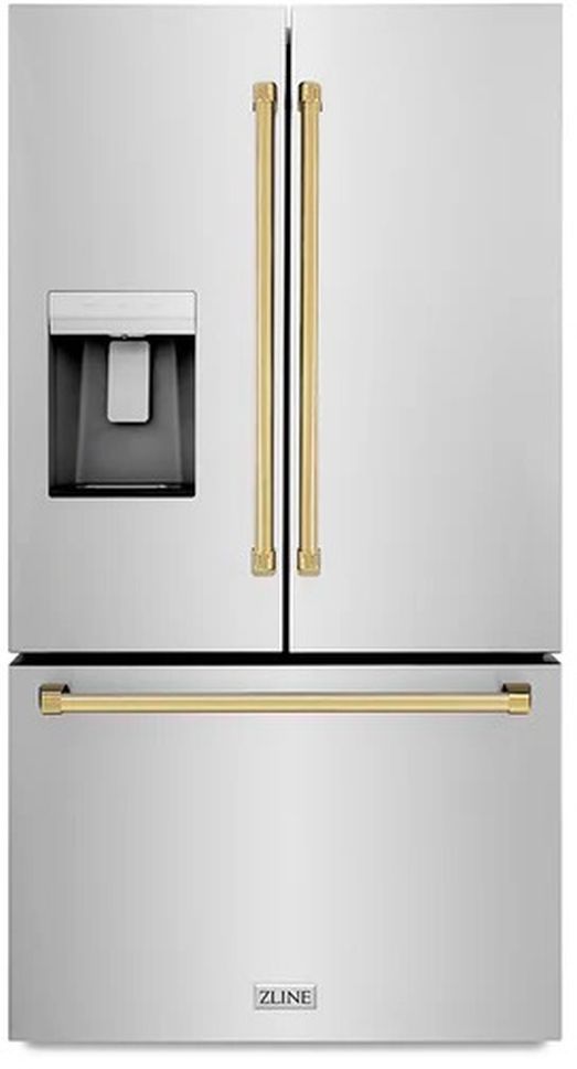ZLINE Autograph Edition 36" 28.9 Cu. Ft. Stainless Steel Freestanding French Door Refrigerator with Dual Ice Maker and Polished Gold Traditional Handle-0