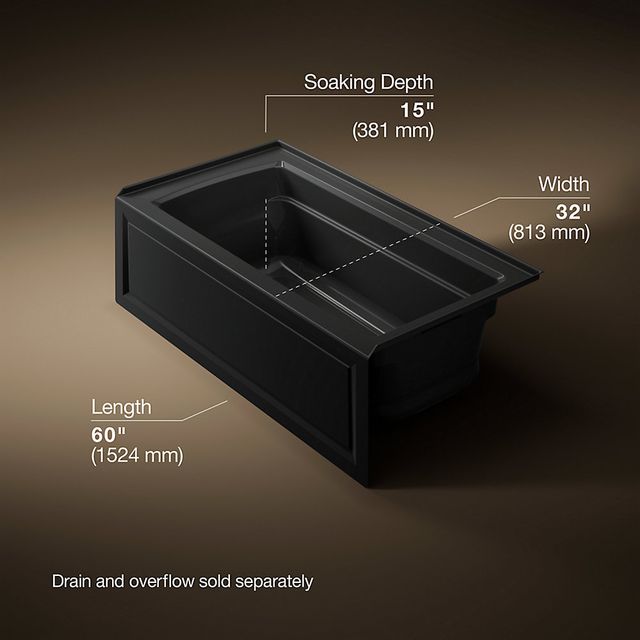 KOHLER® Archer® Black 60" x 32" Alcove Heated Bubble Massage™ Air Bath - Right Drain-3