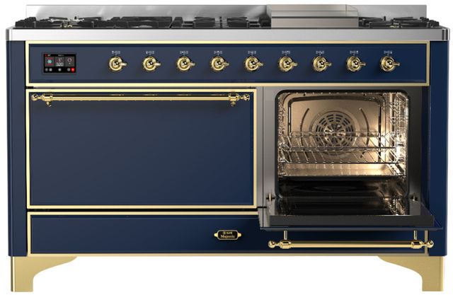 Ilve® Majestic III 60" Midnight Blue Pro Style Dual Fuel Liquid Propane Range with Solid Door and Brass Trim-3