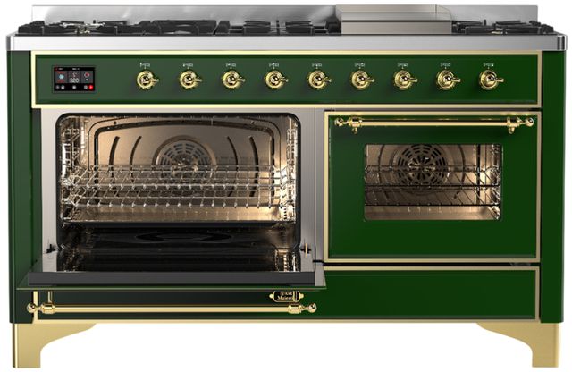 Ilve® Majestic III 60" Emerald Green Pro Style Dual Fuel Natural Gas Range with Triple Glass Door and Brass Trim-2