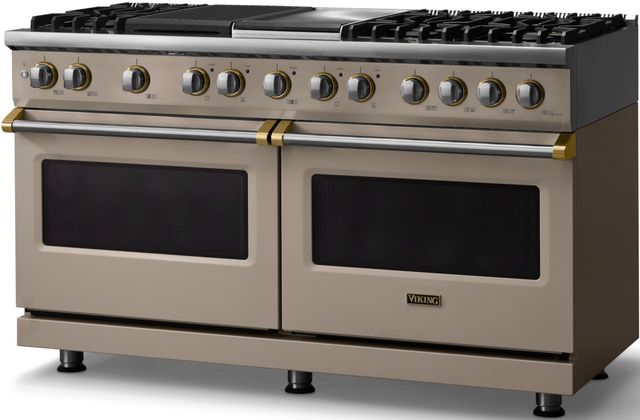Viking® 5 Series 60" Nantucket Pro Style Dual Fuel (NG) Range with Brushed Brass Trim-2