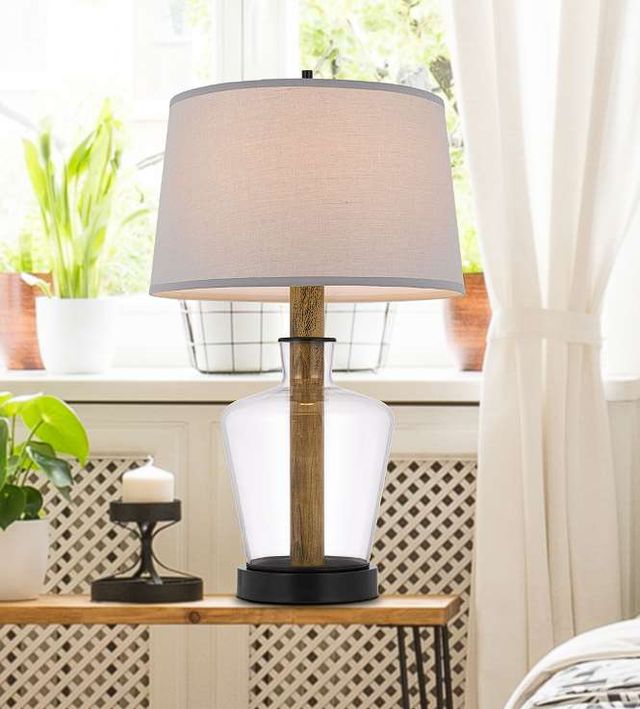 Cal® Lighting & Accessories Salford Black/Glass/Oak Table Lamp-1