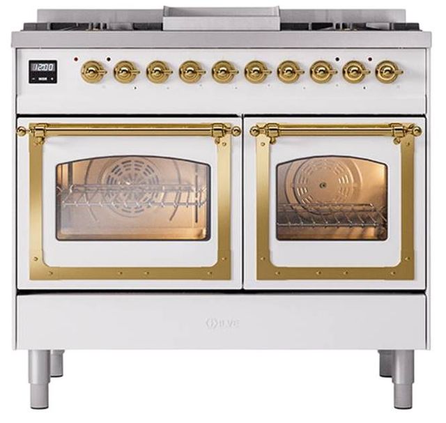 Ilve® Nostalgie II Noblesse 40'' White Pro Style Dual Fuel Range with Brass Trim-1