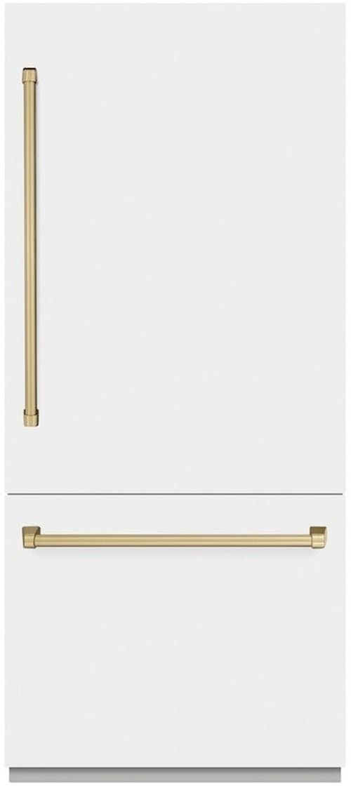 ZLINE Autograph Edition 36" 19.8 Cu. Ft. White Matte Built-In Bottom Freezer Refrigerator with Water Dispenser, Ice Maker and Champagne Bronze Accents-0