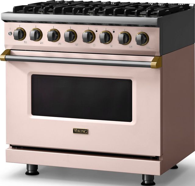 Viking® 5 Series 36" Blush Pro Style Dual Fuel (LP) Range with Brushed Brass Trim-3
