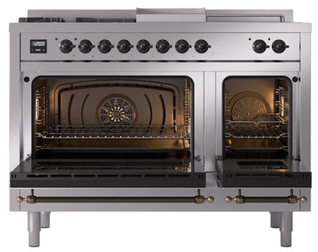 Ilve® Nostalgie II Noblesse 48'' Stainless Steel Pro Style Dual Fuel Range with Burnished Trim-2