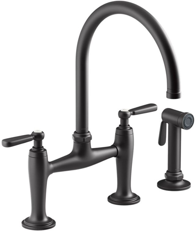 KOHLER® Edalyn™ by Studio McGee Matte Black 2-Hole Bridge Kitchen Sink Faucet with Side Sprayer-0