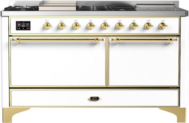Ilve® Majestic III 60'' White Pro Style Dual Fuel Liquid Propane Range with Solid Door and Brass Trim-0