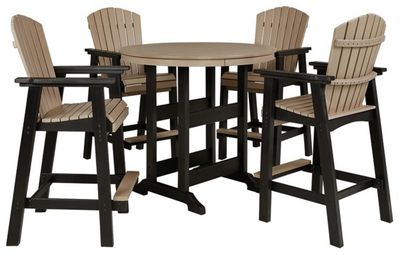 Front view of the Signature Design by Ashley® Fairen Trail 5-Piece Black/Driftwood Outdoor Bar Dining Set