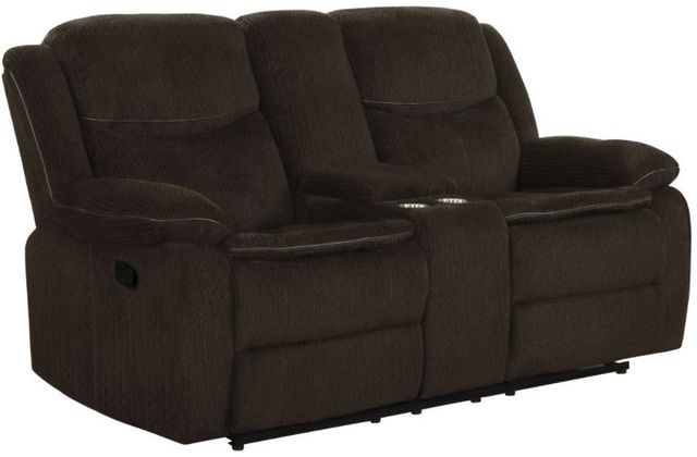 Coaster® Jennings Brown Reclining Upholstered Motion Loveseat with Console-0