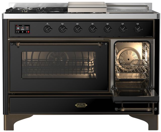 Ilve® Majestic III 48" Glossy Black Pro Style Dual Fuel Natural Gas Range with 5 Black Brass Burners and Burnished Trim-3