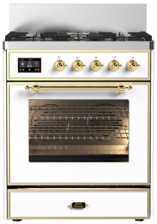 Ilve® Majestic III 30" White Pro Style Dual Fuel Natural Gas Range with 5 Black Brass Burners and Brass Trim-0