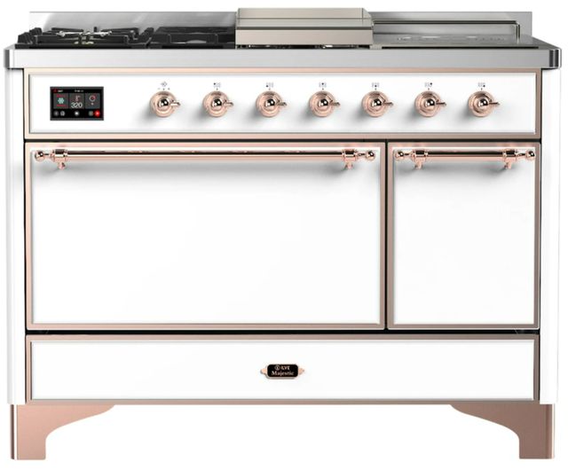 Ilve® Majestic III 48" White Pro Style Dual Fuel Liquid Propane Range with Solid Door and Copper Trim-0