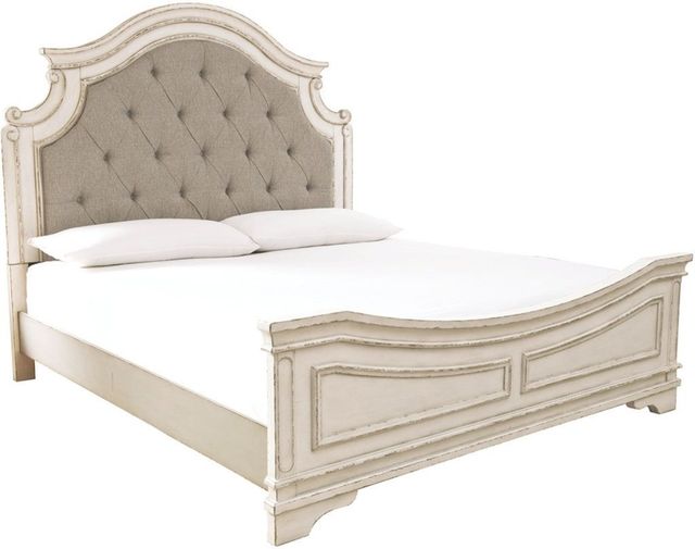 Signature Design by Ashley® Realyn 5-Piece Chipped White Queen Upholstered Panel Bed Set-1