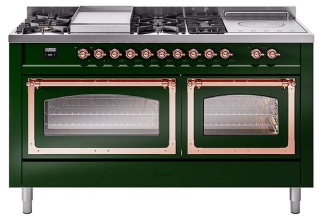 Ilve® Nostalgie II Noblesse 60'' Emerald Green Pro Style Dual Fuel Range with Copper Trim-0