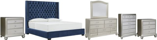Signature Design by Ashley® Coralayne 6-Piece Blue/Metallic Sheen Queen Upholstered Bed Set-0