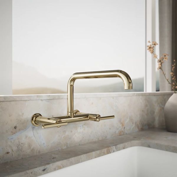KOHLER® Purist® Vibrant French Gold 2-Hole Wall-Mount Bridge Kitchen Sink Faucet-1