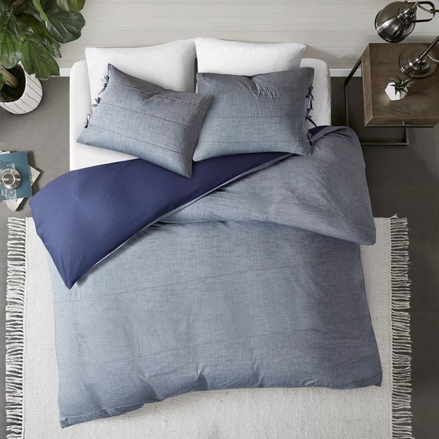 Olliix by Madison Park 3 Piece Denim Blue King/California King Raven Cotton Yarn Dye Duvet Cover Set-0
