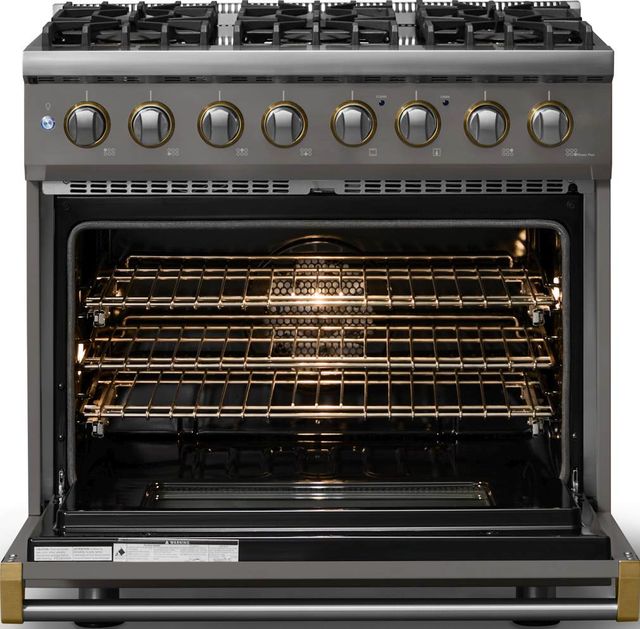 Viking® 5 Series 36" Damascus Gray Pro Style Dual Fuel (LP) Range with Brushed Brass Trim-1