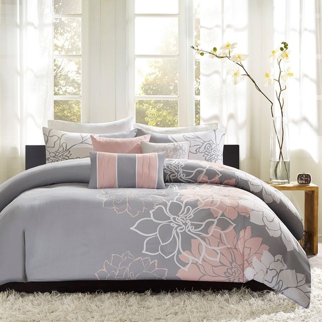 Olliix by Madison Park 6 Piece Grey/Blush King/California King Lola Printed Duvet Cover Set-1
