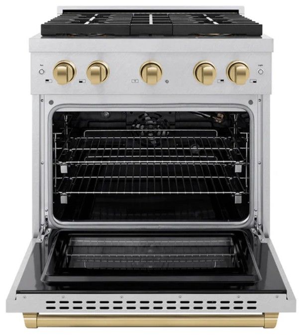 ZLINE Autograph Edition Paramount 30" 4.2 Cu. Ft. Satin Stainless Steel Gas Range with 4 Burner DuoPro™ Cooktop and Convection Gas Oven with Champagne Bronze Accents-1