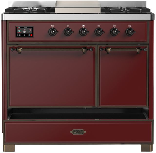 Ilve® Majestic III 40" Burgundy Pro Style Dual Fuel Liquid Propane Range with Solid Door and Burnished Trim-1
