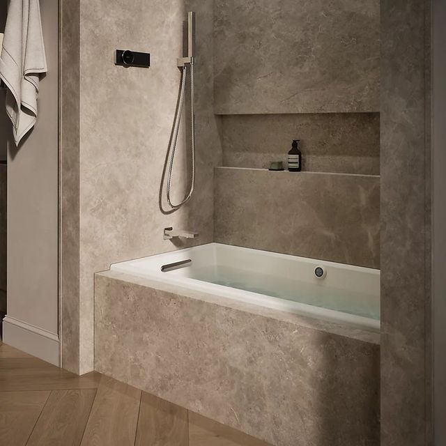 KOHLER® Underscore® Biscuit 60" x 30" Alcove Heated BubbleMassage™ Air Bath with Bask® - Left Drain-1
