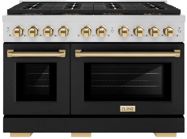 ZLINE Autograph Edition Paramount Series 48" Stainless Steel Pro Style Dual Fuel Range with Matte Black Door and Polished Gold Accents-0
