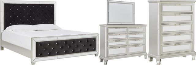 Signature Design by Ashley® Lindenfield 4-Piece Black/Silver California King Upholstered Panel Bed Set-0