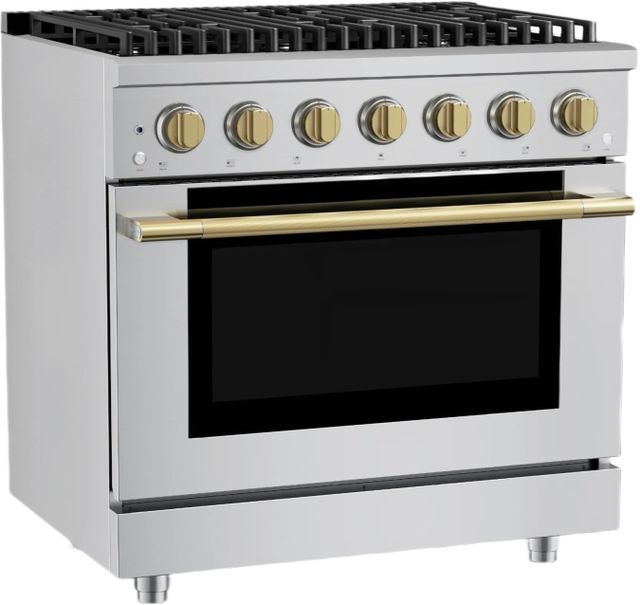 Hauslane HausPro Range 36" Stainless Steel Pro-Style Gas Range with Satin Brass Knobs-3