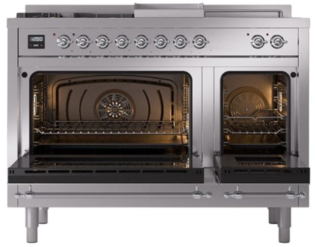 Ilve® Nostalgie II Noblesse 48'' Stainless Steel Pro Style Dual Fuel Range with Chrome Trim-1