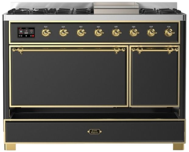 Ilve® Majestic III 48" Graphite Matte Pro Style Dual Fuel Liquid Propane Range with Solid Door and Brass Trim-2