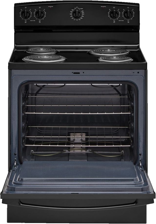 Amana® 30" Black Freestanding Electric Range with SpillSaver™ Upswept Cooktop and Easy Clean Glass Door-1
