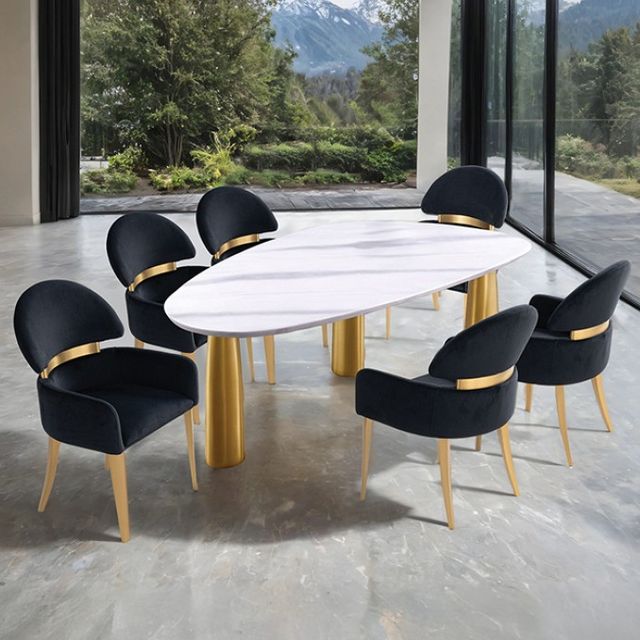 Furniture of America® Northam 7-Piece Matte Gold/White Dining Table Set with Black Chair-1