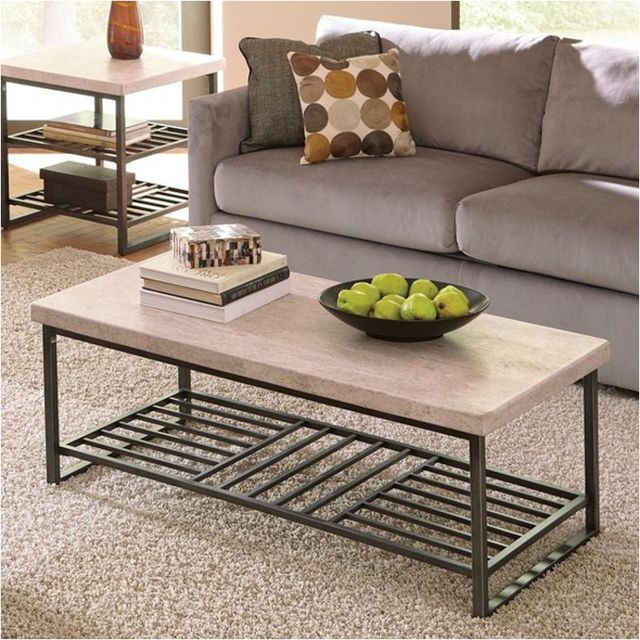 Riverside Furniture Capri Alabaster Travertine Stone Top Coffee Table with Black Base-1