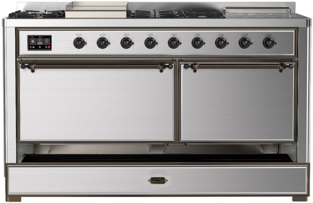 Ilve® Majestic III 60'' Stainless Steel Pro Style Dual Fuel Natural Gas Range with Solid Door and Burnished Trim-1