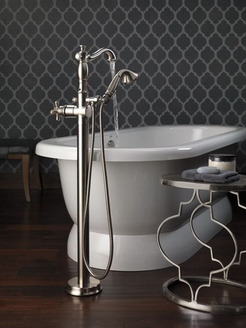 Delta Cassidy® Stainless Single Handle Floor Mount Tub Filler Trim with Hand Shower -3