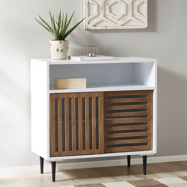 Olliix by INK+IVY Serenity Brown/White 31.5"W x 15.75"D x 32"H Mid Century Sliding Slat Door Accent Cabinet-3